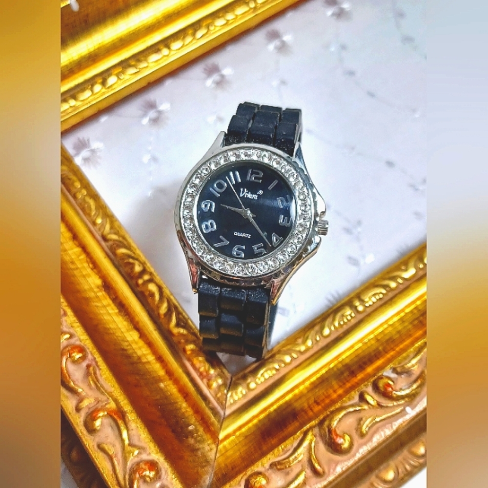 Vivani black silicone band and rhinestone watch
